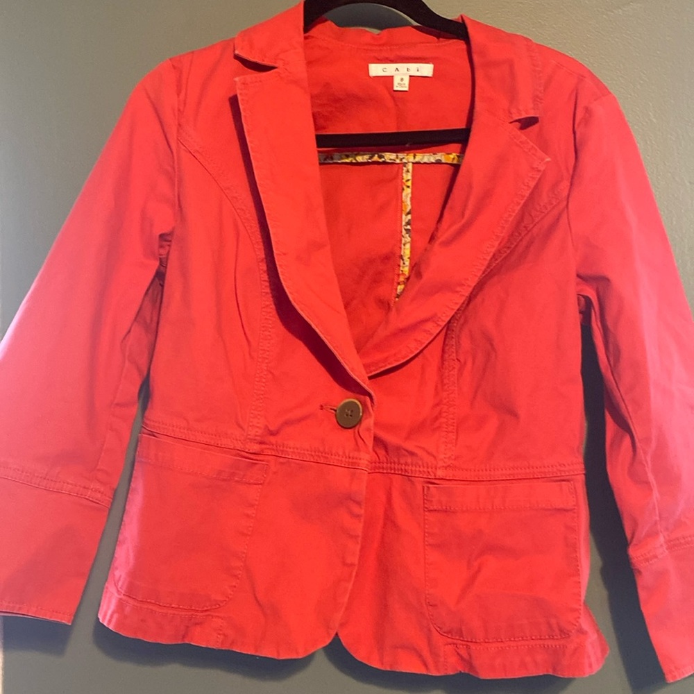 CAbi #878 Toss On Geranium Jacket Blazer Poppy Coral Cotton 3/4 Sleeve 